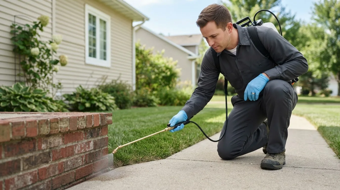 Pest control technician treating a home near Lake City, IA