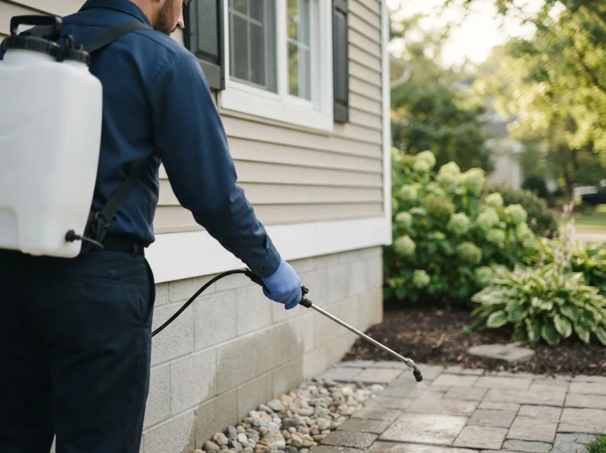 Pest control technician inspecting a home in Lake City, IA
